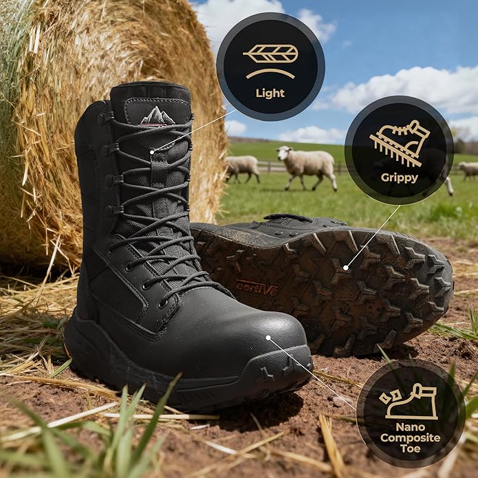 NORTIV 8 Men's 8" Composite Toe Work Boots, Lightweight Side Zipper ASTM F2412-24 & ASTM F2913-24 Safety Military Boots for All-Day Comfort, Peakforce-Nano