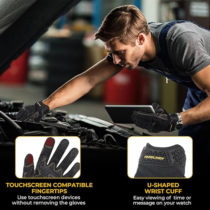HANDLANDY Mens Work Gloves Touch screen, Utility Mechanic Gloves, Flexible Breathable Fit- Padded Knuckles & Palm