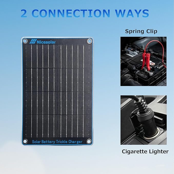 Nicesolar 10W 12V Solar Panel Car Battery Trickle Charger & Maintainer with Cigarette Lighter Plug & Alligator Clip for Car Automotive Motorcycle Boat Marine Snowmobile Watercraft RV