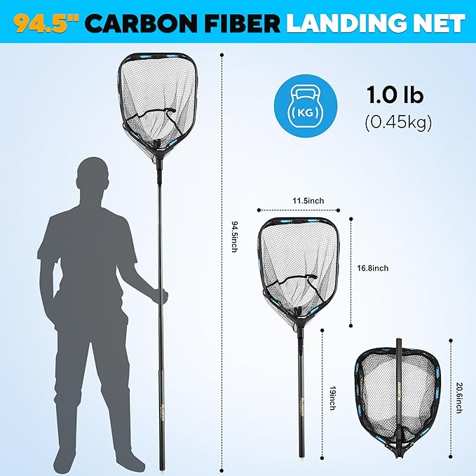 PLUSINNO Floating Fishing Net with Telescoping Handle, Carbon Fiber Ultralight Long Fish Net, Collapsible Landing Net 6.56/7.86Ft, Fishing Gear Kayak Accessories for Bass Trout Salmon