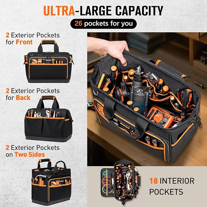 Electrician Tool Bag 17-Inch, 26-Pocket Large Tool Bags for Men Women with Waterproof Hard Bottom & Adjustable Shoulder Strap, Tool Bag Organizer for HVAC Craftsman Contractor Carpenter Electrician