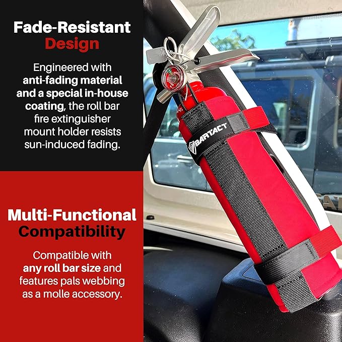Bartact - 2.5 lb Roll Bar Fire Extinguisher Mount for Vehicle Holder, Adjustable Fire Extinguisher Holder Mount, US Made Universal Vehicle Fire Extinguisher Holder Fits All Roll Bars (Red)