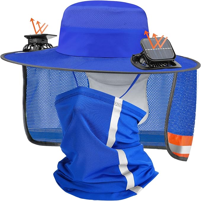 Solar Fan Hat for Men Women Sun Wide Brim Fishing Hat with Dual Power Ice Silk Neck Cover Reflective Design