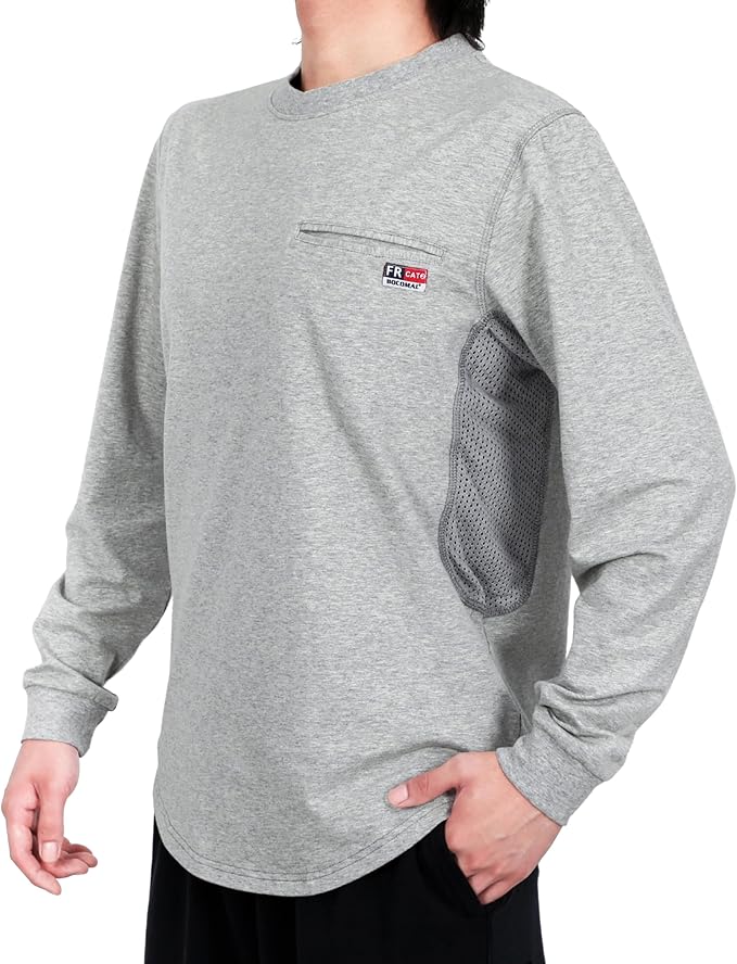 BOCOMAL FR Shirts for Summer Breathable Vented Design 6oz Heather Jersey Flame Resistant Long Sleeve Crew T Shirt