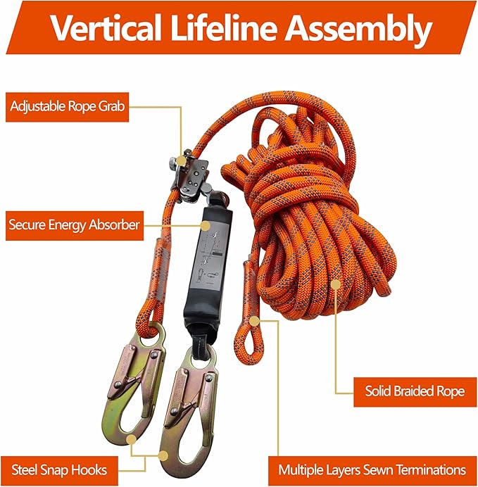 Fall Protection Rope for Roofing Tree Climbing, 50ft Harness Safety Lanyard, Vertical Rope with Grab Snap Hooks Shock Absorber Safety Equipment Orange
