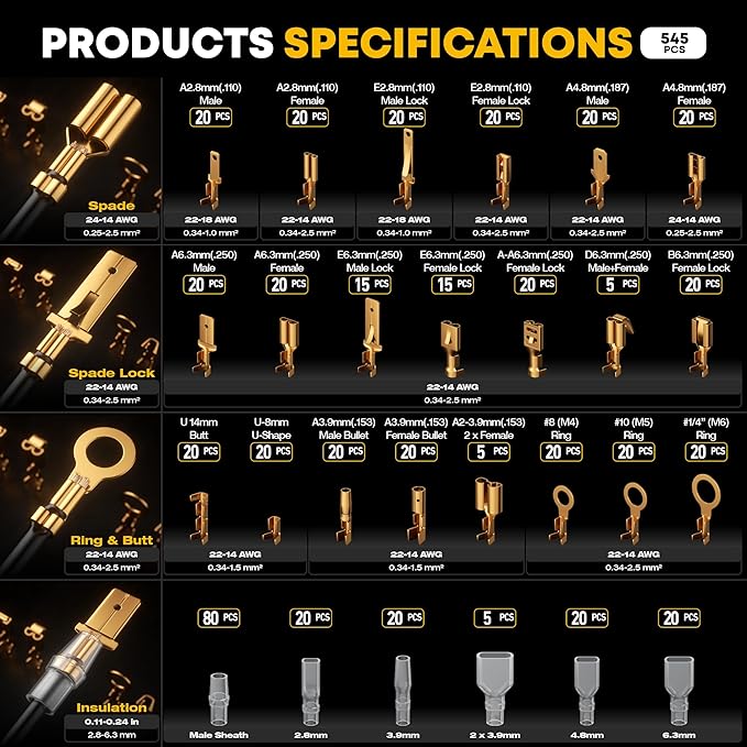 Crimping Tool Kit, 21-Type Open Spade & Quick-Disconnect Connector Set (2.8/3.9/4.8/6.3 mm) Non-Insulated Terminals with Wire Stripper, 24–14 AWG Ratcheting Crimper, for Auto, Appliance, DIY