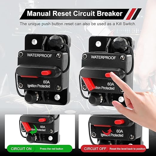 60 Amp Circuit Breaker Fuse Holder with Manual Reset for Car Marine，12V- 48V 60A DC Breaker for Boat Motor, RV, Solar Panel & Car Audio, One-Click Reset, No Fuse Needed