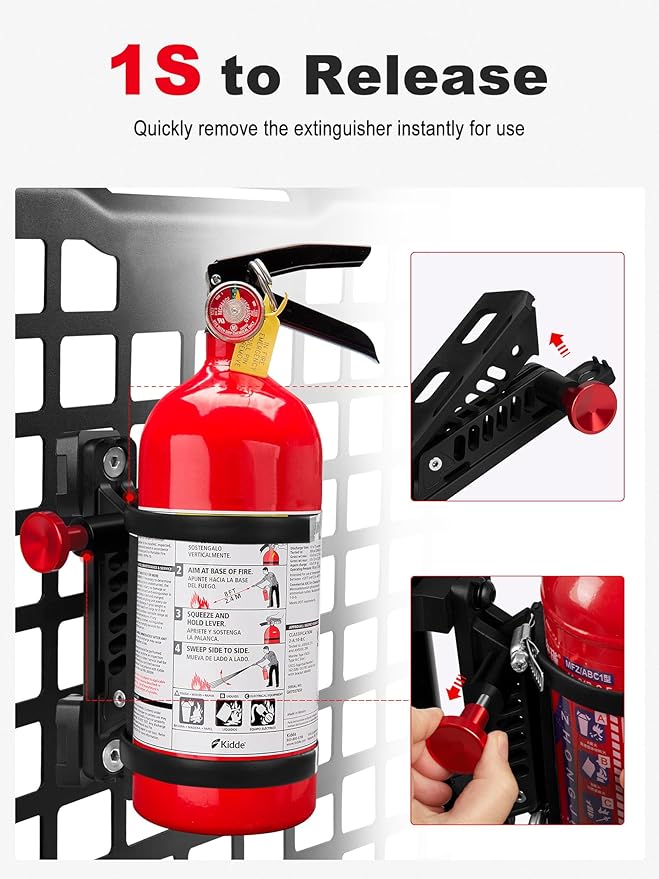 MOLLE Panel Fire Extinguisher Mount Kit Fits 1"-2" Rigid MOLLE Panel Holes, Quick Release Car Fire Extinguisher Mount Holder with 4 Clamps for Vehicles MOLLE Panle Accessories