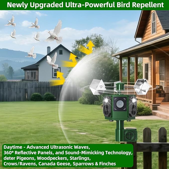 Upgraded Solar Ultrasonic Bird Repellent Outdoor Woodpecker Deterrent for House with Motion Sensor & Flash Light & Reflectors to Scare Birds Away Waterproof Goose Pigeon Repellent for Garden Balcony