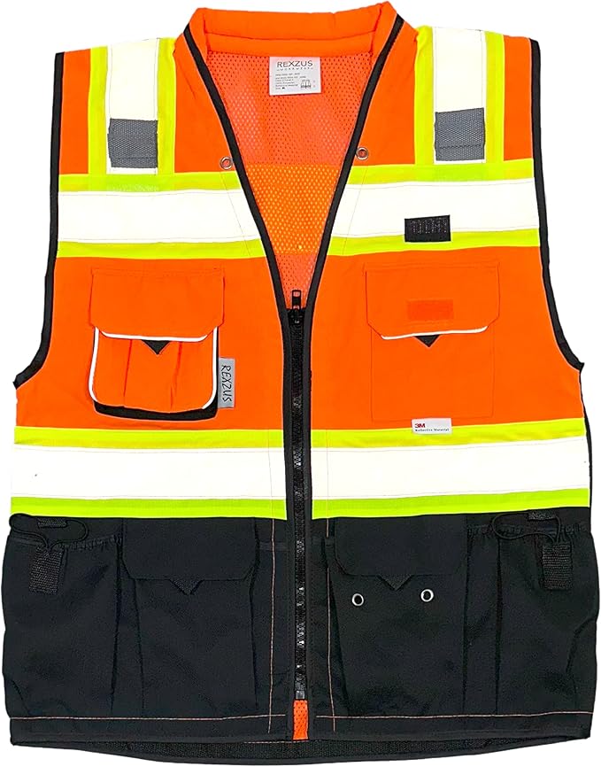 (C Vest For Mens Black Series Safety Vest With Zipper and Utility Pockets Premium Black Series Surveyors Vest (Extra Large, Orange/Black)