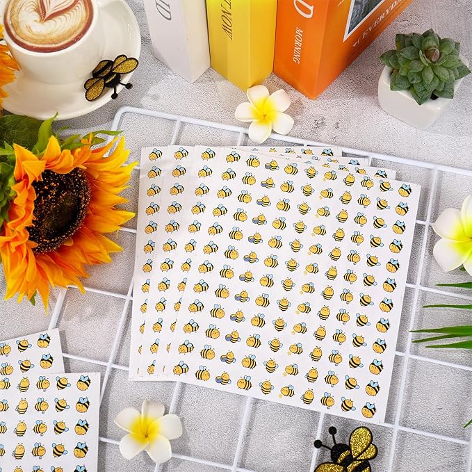 JarThenaAMCS 2400Pcs Mini Bee Sticker Cartoon Honey Bumble Paper Decal Cute Self-Adhesive Sticker for Holiday Summer Planner Reward Envelope Scrapbook DIY Party Supplies, 0.5 in