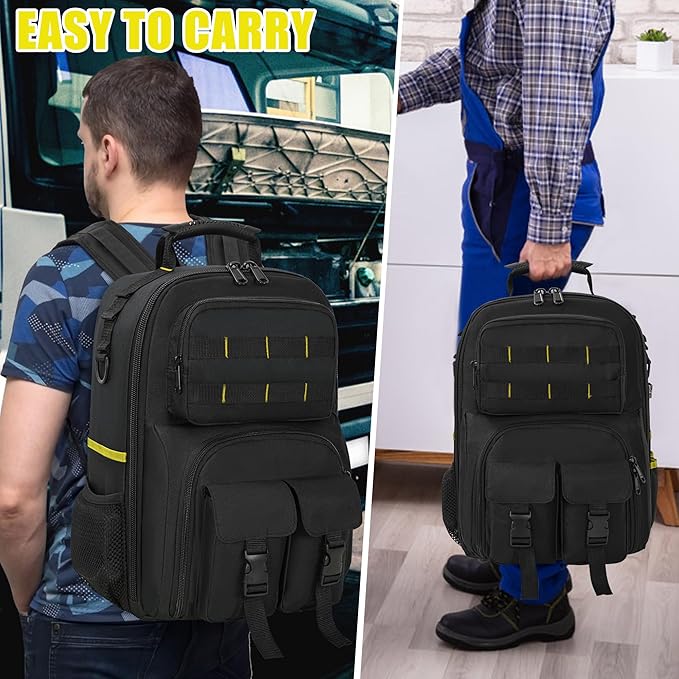 Tool Backpack, Heavy Duty Tool Bag with Padded Shoulder and Removable Tool Organizer, Water-Resistant Work Backpack, for Electrician, Plumber, HVAC, Cable Repairman, Black & Yellow