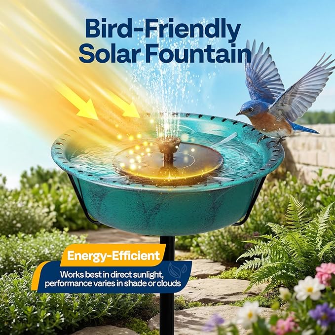 VIVOHOME Bird Bath with Solar Fountain for Outside, Weather-Resistant ABS Birdbath Bowl with Solar Powered Pump, Metal Ground Stake for Outdoor, Garden, 1.45 Gallons, Green