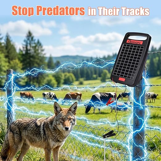 Short-Circuit Alarm 5Miles Solar Electric Fence Charger with Solar Panel,0.11J Solar Powered Fence Charger 24-Hour Protection,14-Day Continuous Protection for Livestock Without Sunlight,Easy Install