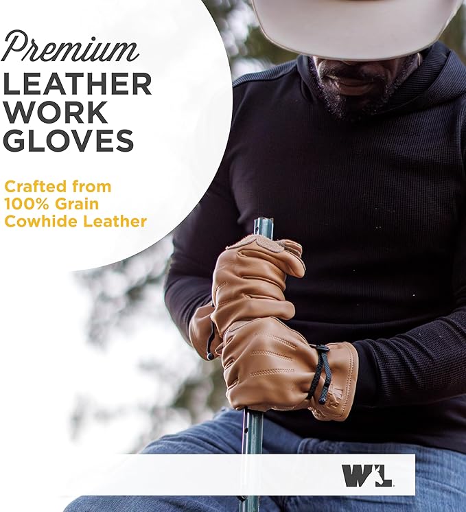 Wells Lamont Leather Work Gloves for Men – Heavy Duty, Cowhide, Abrasion & Puncture Resistant – Adjustable Wrist, Gunn Cut Design, Ideal for Ranching, Farming, Construction - Timber - XL