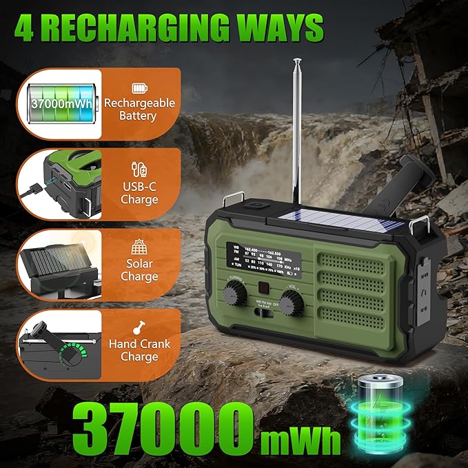 Emergency Radio Hand Crank Solar, 10000mAh/37000mWh Emergency Weather Radio, Hand Crank Solar Radios with NOAA/AM/FM, Thermal Blanket, Survival Bracelet, for Home & Outdoor