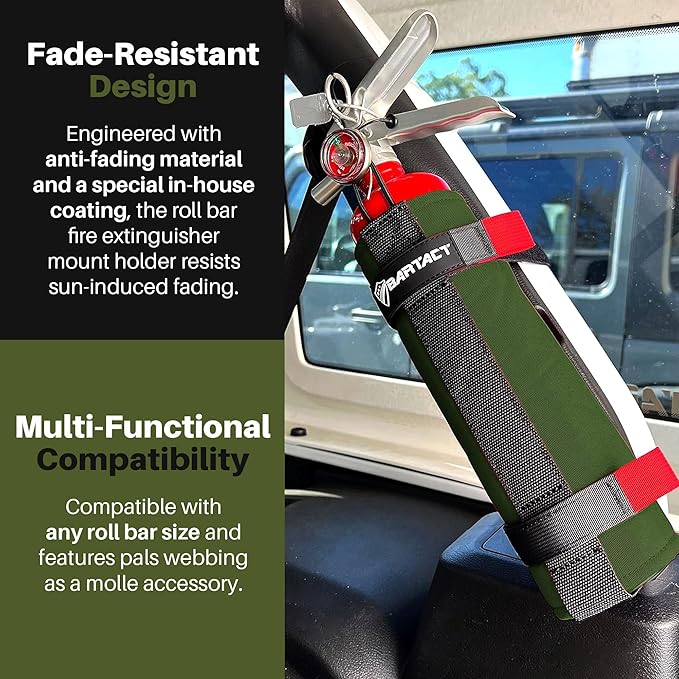 Bartact - 2.5 lb Roll Bar Fire Extinguisher Mount for Vehicle Holder, Adjustable Fire Extinguisher Holder Mount, US Made Universal Vehicle Fire Extinguisher Holder Fits All Roll Bars (Olive)