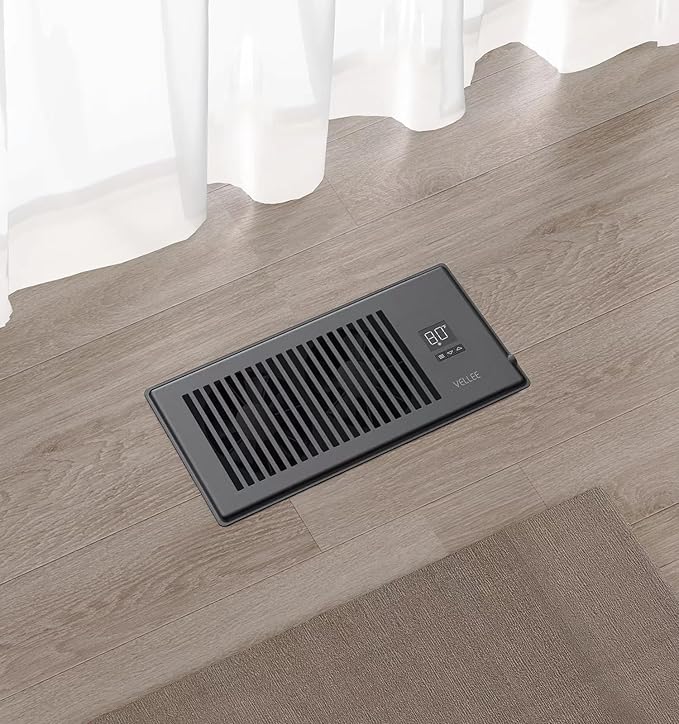 VELLEE Quiet Register Booster Fan Fits 4" x 10" (DUCT OPENING CUTOUT), 10-Speed Smart Heating Cooling AC Vent Booster Fan w/Remote Control & Thermostat Control (Vertical Grille - Black) - Corded