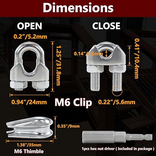 10Pcs M6 1/4 Inches Stainless Steel Wire Rope Clips Cable Clamp,5PCS Thimbles