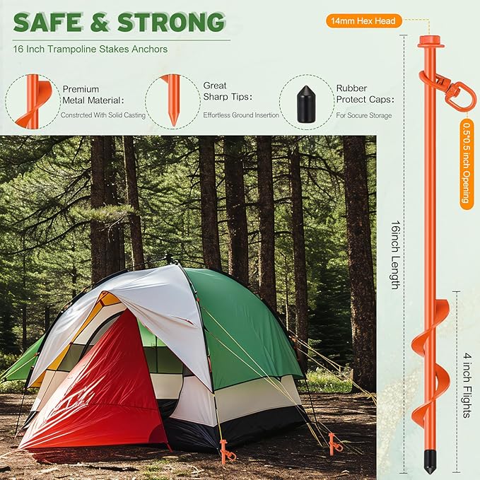Hiboom 4 Pcs Ground Anchors with T Handle Hex Wrench Trampoline Hook, Ground Anchor Screw in Kit, Inflatable Outdoor Decorations Accessories for Camping Tents Car Ports Canopies (Orange,16 Inch)