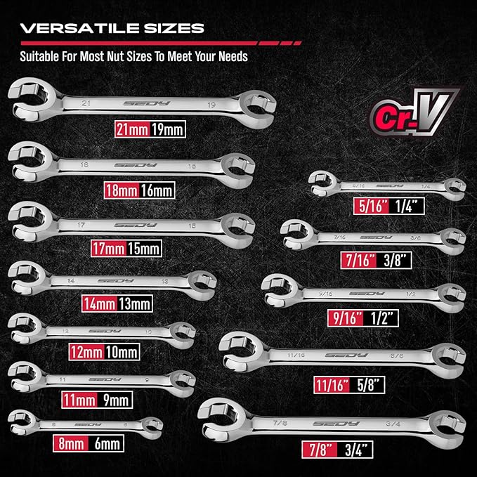 SEDY 14-Piece Flare Nut Wrench Set with PTFE Tape, Metric & SAE Brake Line Wrench Offset 1/4"-7/8"& 9-21mm Set Double Open End with Organizer Pouch for Repairing and Removing Nuts