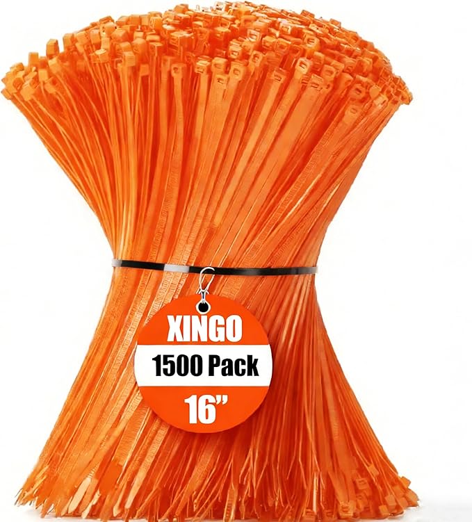 XINGO 16 Inch Orange Zip Ties 1500 PCS, 85 LBS Tensile Strength, UV Resistant Cable Ties, Premium Self-locking Plastic Ties for Indoor and Outdoor Use