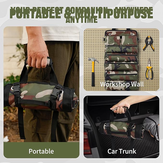 Portable Foldable Roll-Up Waterproof Tool Bag Organizer with 5 Compartments & 2 Detachable Pouches, Heavy-Duty Tool Pouch Bag, Dad Men Electrician Mechanic Gifts (Camouflage)