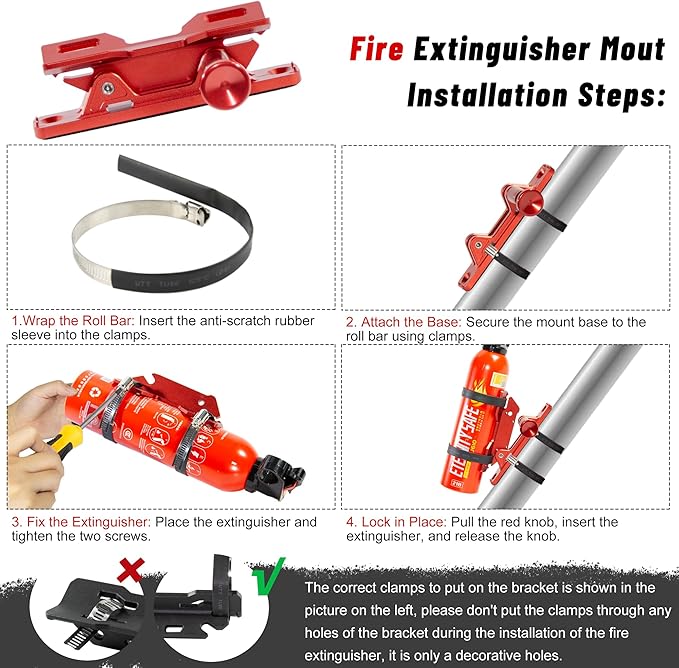 Quick Release Fire Extinguisher Mount - Aluminum Adjustable UTV Roll Bar Fire Extinguisher Holder Mounting Bracket Compatible with Jeep Wrangler TJ JK JL JKU Polaris RZR Ranger Can-Am X3, Red
