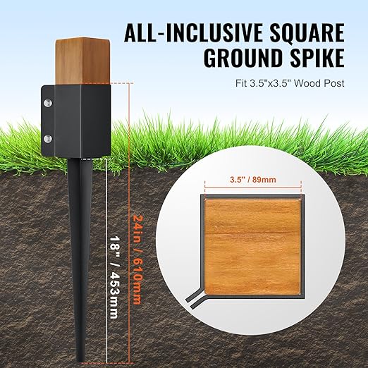 VEVOR Fence Post Anchor, 8 Pack 4 x 4 Inches Outer Diameter (Inner Diameter 3.5 x3.5 Inches) Ground Spike 24", Metal Black Powder Coated Post Stake Ground, for Mailbox Deck Garden Railing
