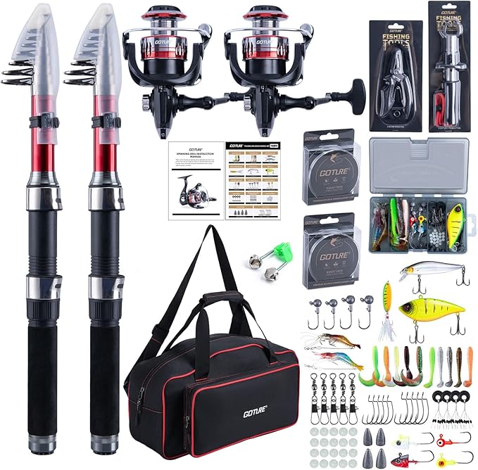 Goture Fishing Rod and Reel Combos-2PCS Telescopic Fishing Pole+2PCS Pre-Loaded Spinning Reels with Carrier Bag,1.8M-2.7M Telescopic Rod Reel Kit for Starter Travel Saltwater Freshwater,Gifts for Men