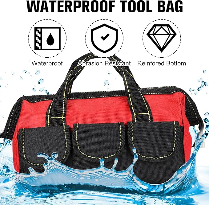 Sanwuta 3 Pack Tool Bag for Men with Waterproof Hard Bottom, Heavy Duty Tool Bag Wide Mouth Tote for Various Instrument, Electrician Carpenter Mechanic(Red,13 Inch,Classic)