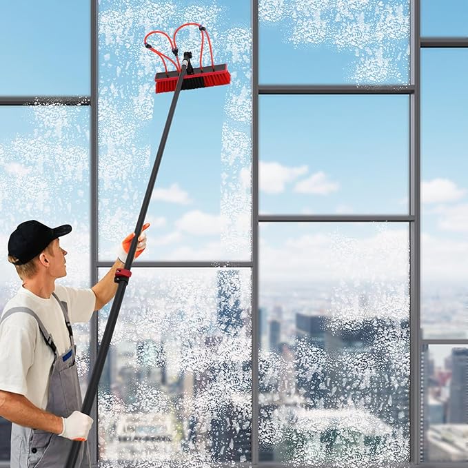 4.99-23.62FT Telescopic Window Washer Kit W/13.78IN Brush Head, 180° Adjustable Brush Head, Cleaning Brush Kit for Solar Panel, Window Cleaner Tool, Window Cleaning Equipment, Window Cleaning Tool Kit