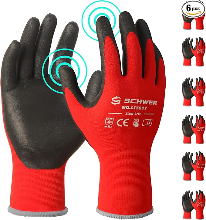 Schwer Ultra-Comfort Safety Work Gloves MicroFoam Nitrile Coated, Seamless Knit Nylon Glove for Men and Women, 6/12 Pairs, Abrasion Resistant, Non Slip, Breathable, LT5617, M