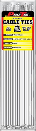 Pro Tie Heavy Duty Cable Ties, Self-Locking Nylon Cable Wire Ties for Indoor and Outdoor Use | 14.5-Inch, 120 lbs. Tensile Strength, Natural Nylon, 100-Pack (PN: N14HD100)
