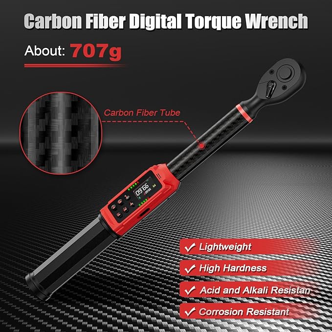 Digital Torque Wrench 3/8 Drive, Carbon Fiber Tube, 1.5-99.6Ft.lb/2-135Nm, ±1% Accuracy, Electric Torque Wrench Set with 3/8" to 1/2" Adapter, 125mm Extension Bar for Bike & Motorcycle
