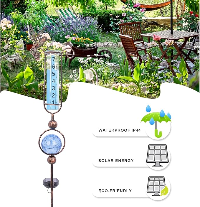 MUMTOP Rain Gauge Outdoor, 36 Inch Hummingbird Crackle Glass Solar Lights for Lawn, Yard and Garden