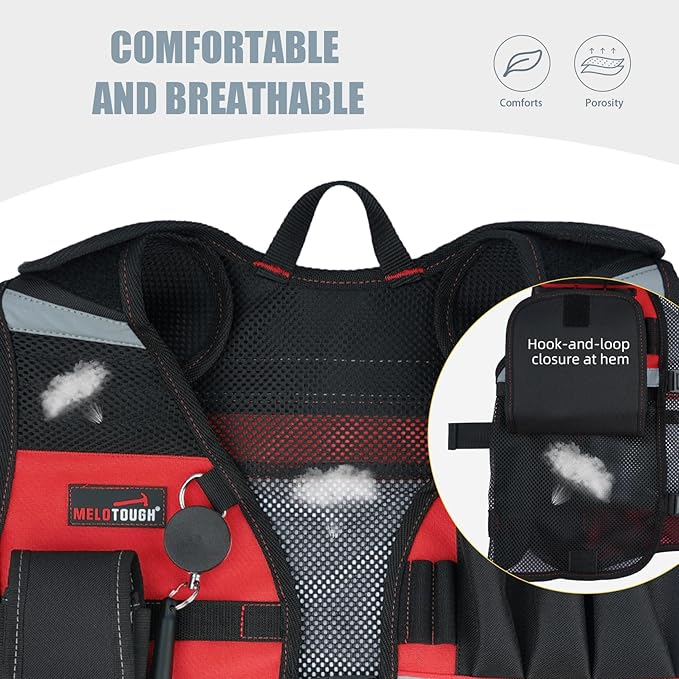 MELOTOUGH Tool Vest for Men Reflective Safety Tool Vest with Adjustable Straps,Removable Phone Holder for Electrical,Carpenters,Construction(Red)