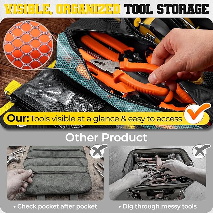 Roll Up Tool Bag, Heavy Duty See-Through Tool Roll Organizer with 2 Detachable Pouches, Portable Mechanic & Motorcycle Tool Bag, Birthday & Father’s Day Gift, Yellow