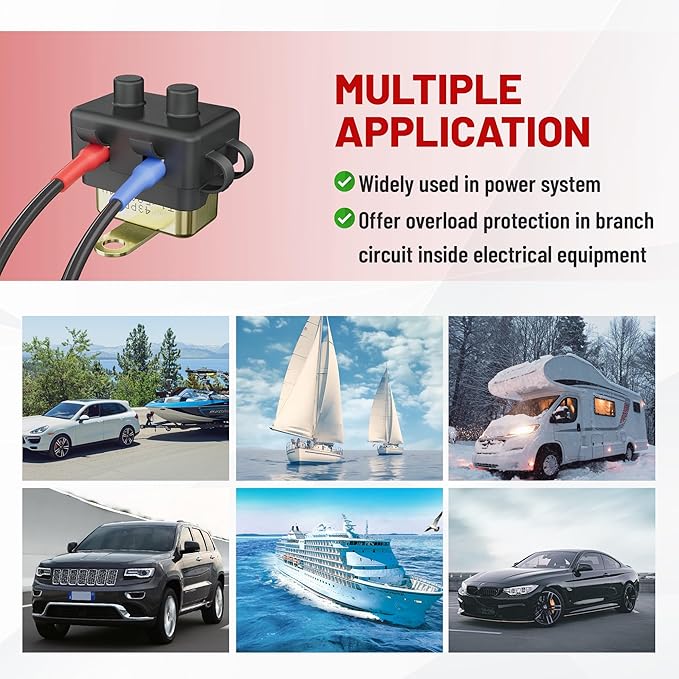 RED WOLF (40A 1PCS) DC 6V-50V Automatic Reset Circuit Breaker #10-32 Studs with Metal Fuse Housing Pre-Trimmed Cover Reusable for Trolling Motor Marine ATV Boat RV Automotive Battery Solar System