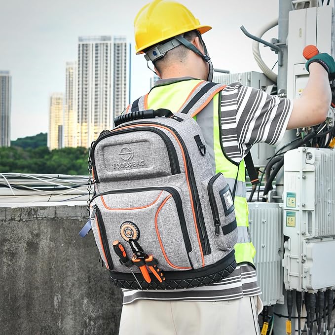 Tool Bag Backpack, 75 Pockets & Loops Heavy Duty Tools Organizer Bags/HVAC Tool Carrier for Eelectrician/Construction Work with Molded Base and Combination Lock, Large, Grey