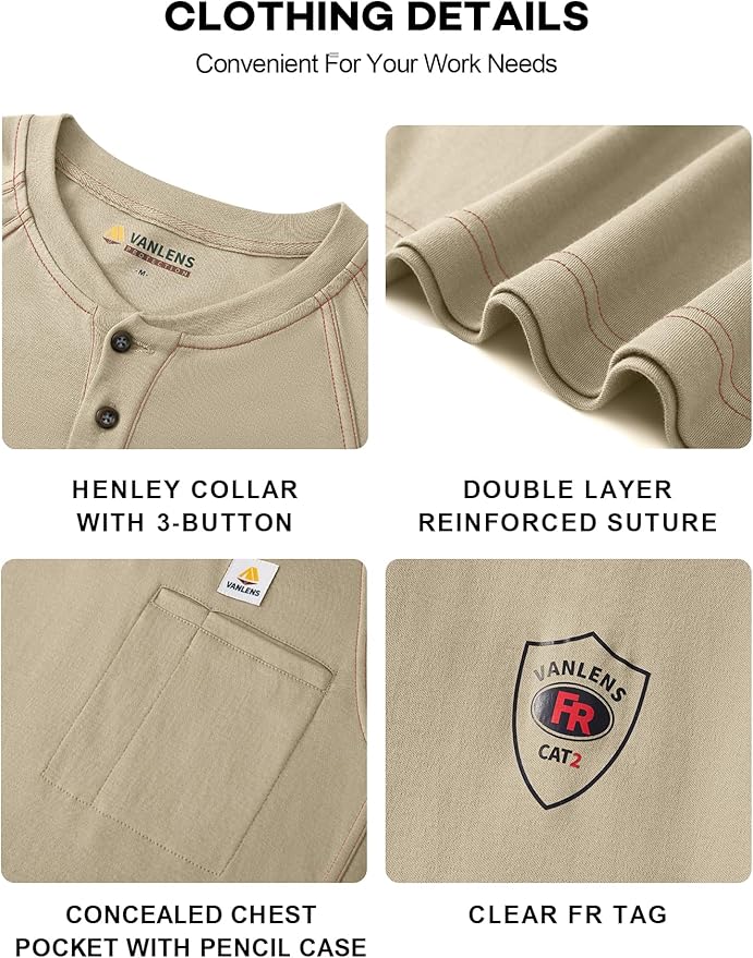 FR Shirts for Men Light Weight Flame Resistant Henley Shirts Long Sleeve Shirts HRC2/CAT2 6.5oz 100% Cotton