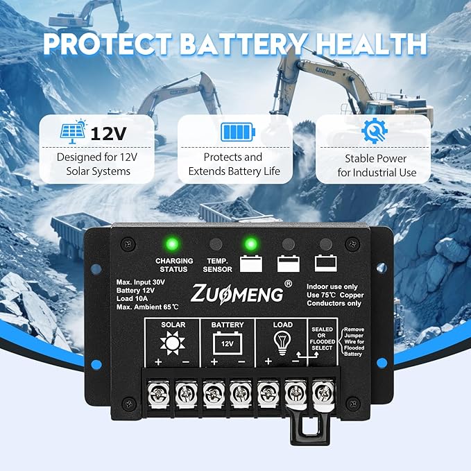 10A PWM Solar Charge Controller for 12V Lead-Acid Battery to Extend Battery Life, with Explosion-Proof Metal Housing, IP68, 4-Stage Charging, LVD, Temp Compensation, for Harsh Industrial Use