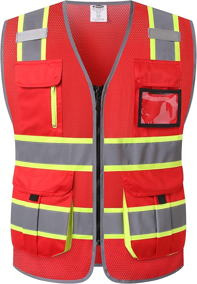 JKSafety 9 Pockets Hi-Vis Mesh Safety Vest for men and women | Chaleco reflectante de seguridad | Zipper Front | Multiple Pockets | Class 1 (140-Red 3XL)