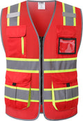 JKSafety 9 Pockets Hi-Vis Mesh Safety Vest for men and women | Chaleco reflectante de seguridad | Zipper Front | Multiple Pockets | Class 1 (140-Red M)