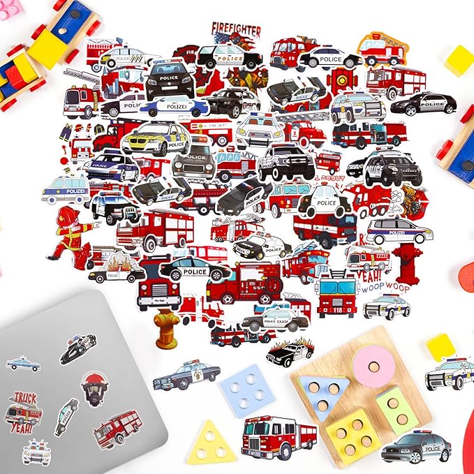 Police Car and Fire Truck Stickers for Kids Boys Vinyl Police Vehicle Firetruck Decals for Water Bottles Laptop Removable Waterproof Emergency Rescue Vehicle Stickers for Party Favors,100 PCS.