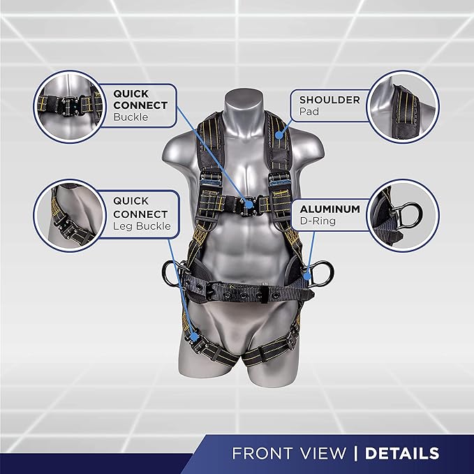 Palmer Safety Fall Protection Construction Safety Harness - QCB Chest and Legs - Aluminum D-Rings - Oil and Dust Resistant