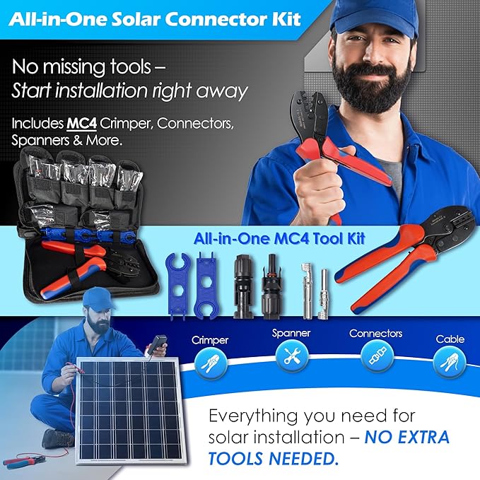 MC4 Crimping Tool – Solar Crimping Tool Kit with MC4 Crimper, Spanner Wrenches, Solar Panel Connector Kit, 6 Pairs MC4 Connectors – Tools for Installation & Repair