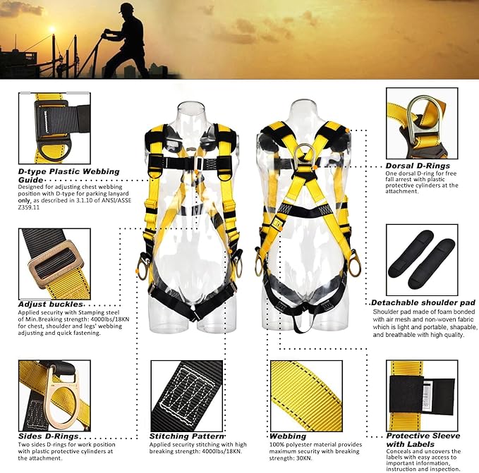 3D-Ring Industrial Fall Protection Safety Harness ANSI/ASSE Z359.11-2021 Compliant Full Body Personal Protection Equipment 5-Point Adjustment Universal 310 lbs