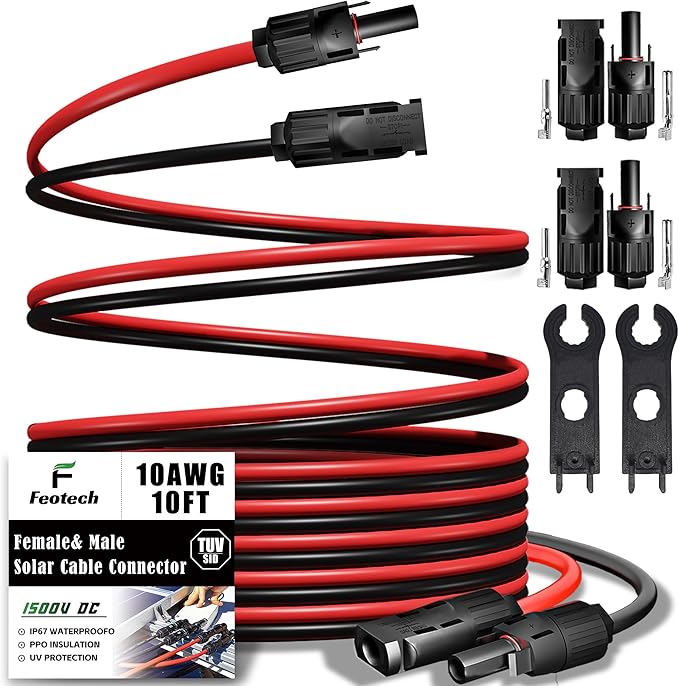 Twin Wire 10FT Solar Extension Cable - 10AWG (6mm²) Solar Panel Connector, with IP67-Male/Female Solar connectors for Outdoor Automotive RV Boat Marine Solar Panel- Black & Red