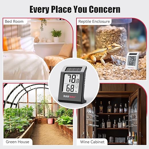BaldrTherm Humidity Meter Hygrometer, Solar-Powered Room Thermometer Indoor Digital Temperature Sensor Monitor, 2.2''Humidity Gauge for Baby Rooms, Home, Office, 1Pack, Black
